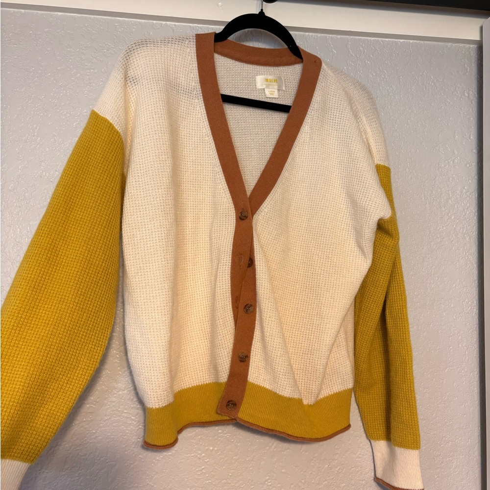 Maeve Cream Cardigan with Mustard Sleeves and Brown Trim